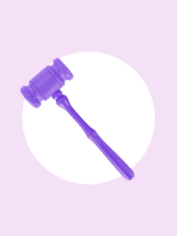 Over a light purple background is a bright purple gavel.