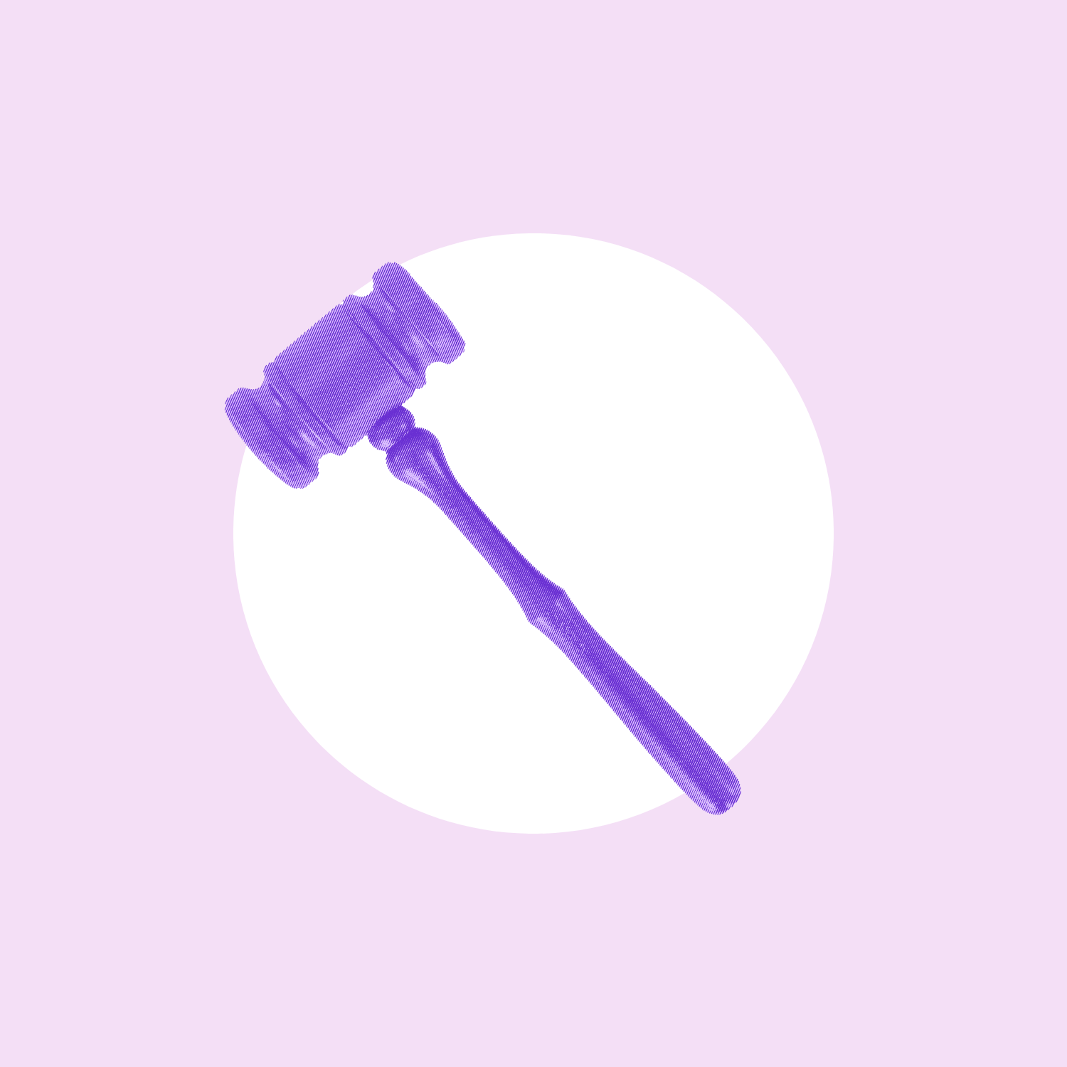 Over a light purple background is a bright purple gavel.