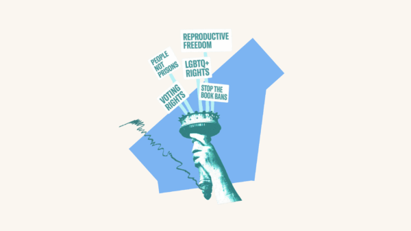 Over a blue abstract shape is a cropped graphic of lady liberty's hand holding up the torch. In the middle of the torch are protest signs that say, "reproductive freedom," "voting rights," "people not prisons," "LGBTQ+ rights," and "Stop the book bans." To the left is a green scribble.