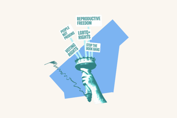 Over a blue abstract shape is a cropped graphic of lady liberty's hand holding up the torch. In the middle of the torch are protest signs that say, "reproductive freedom," "voting rights," "people not prisons," "LGBTQ+ rights," and "Stop the book bans." To the left is a green scribble.