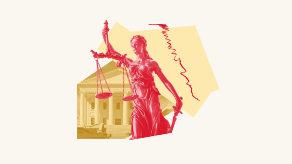Lady justice is over top a photo of the Virginia capitol and an abstract yellow shape.