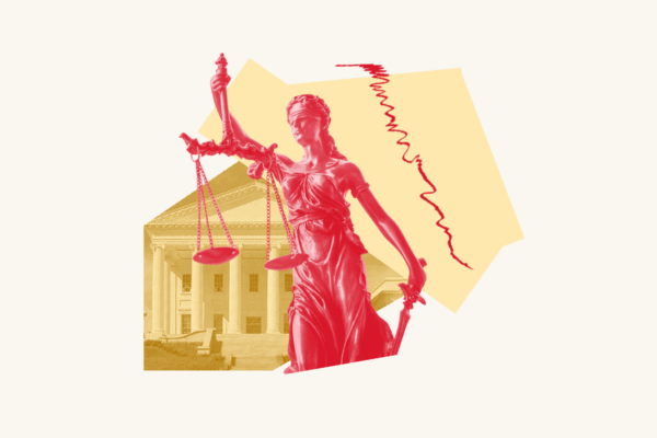 Lady justice is over top a photo of the Virginia capitol and an abstract yellow shape.