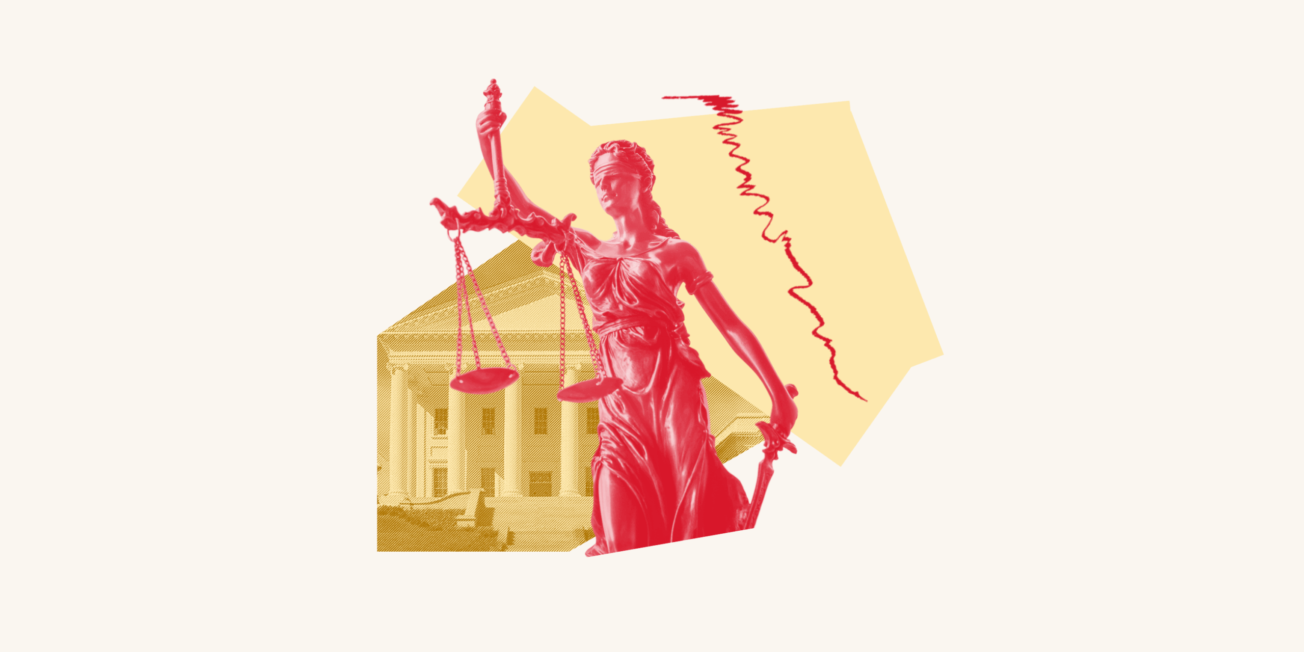 Lady justice is over top a photo of the Virginia capitol and an abstract yellow shape.