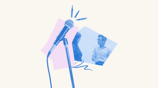 A microphone is accompanied by a photo of two people having a discussion. Surrounding the graphic is a pink abstract shape and doodles.