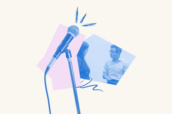 A microphone is accompanied by a photo of two people having a discussion. Surrounding the graphic is a pink abstract shape and doodles.