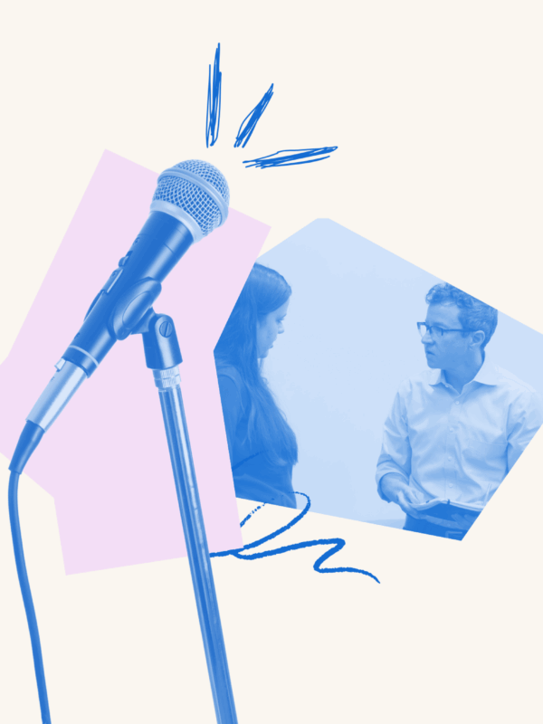 A microphone is accompanied by a photo of two people having a discussion. Surrounding the graphic is a pink abstract shape and doodles.