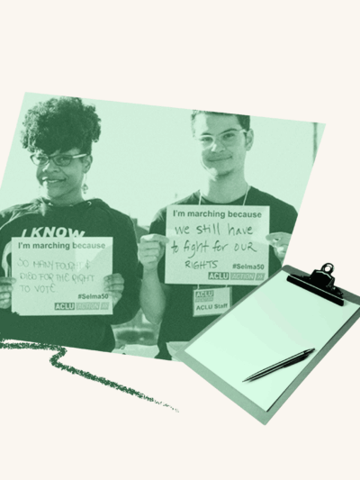 Two people hold up signs at a volunteer event. Over top of them is a clipboard with a pen. To the left is a scribble.