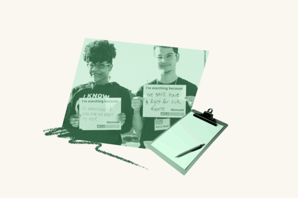 Two people hold up signs at a volunteer event. Over top of them is a clipboard with a pen. To the left is a scribble.