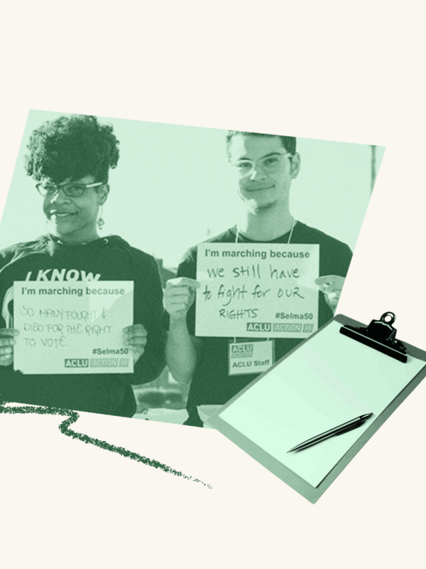 Two people hold up signs at a volunteer event. Over top of them is a clipboard with a pen. To the left is a scribble.