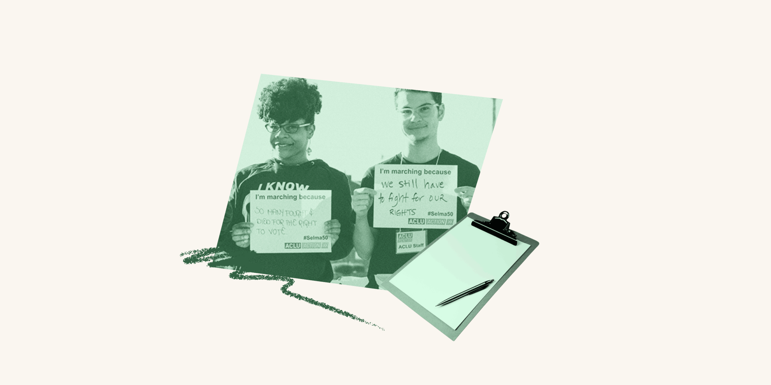 Two people hold up signs at a volunteer event. Over top of them is a clipboard with a pen. To the left is a scribble.