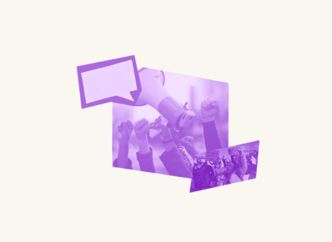 A text message chat box is placed over top a crowd of people fisting the air while a hand in the middle holds a megaphone. In the bottom right corner is a group of people in solidarity with one another.
