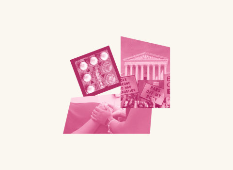 A pink birth control, capitol building, ad two people embracing one another.