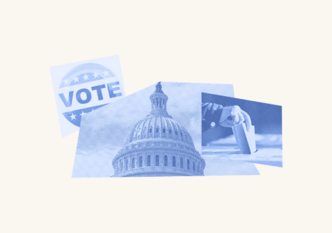 A capitol building is surrounded by a "Vote" sticker and a hand that enters a ballot into a ballot box.