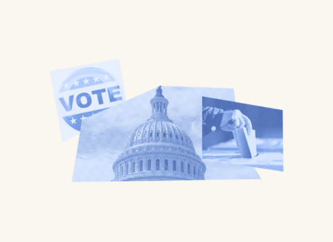 A capitol building is surrounded by a "Vote" sticker and a hand that enters a ballot into a ballot box.