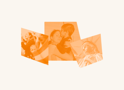 Over an orange filter is a woman hold her child tight. To the sides of the family reunion is the statue of liberty and a crowd of people practicing their first amendment right.