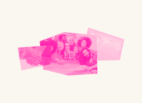 A diverse friend group huddles together to smile at the camera, in a burnt orange filter. To the right is a pride inclusive flag in a pink filter, while on the left are two hands holding each other in a blue filter.