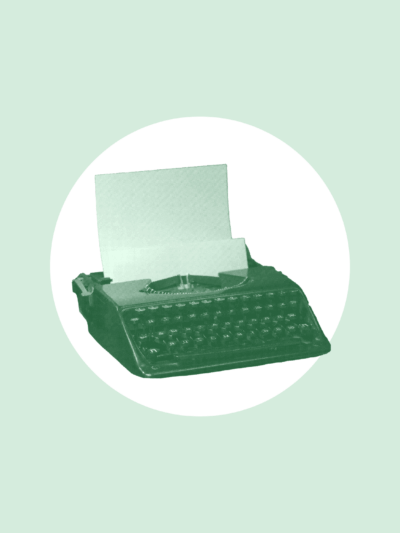 Over a light green background is a white circle with an green typewriter in the middle.