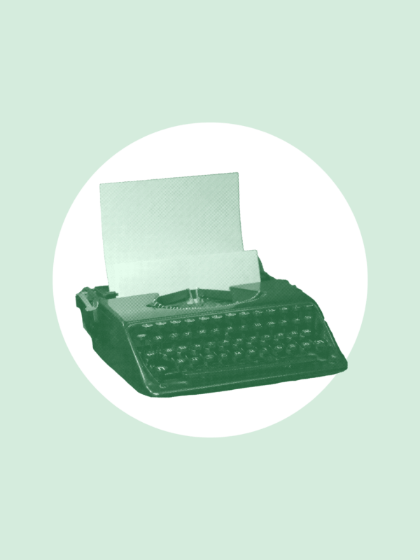 Over a light green background is a white circle with an green typewriter in the middle.