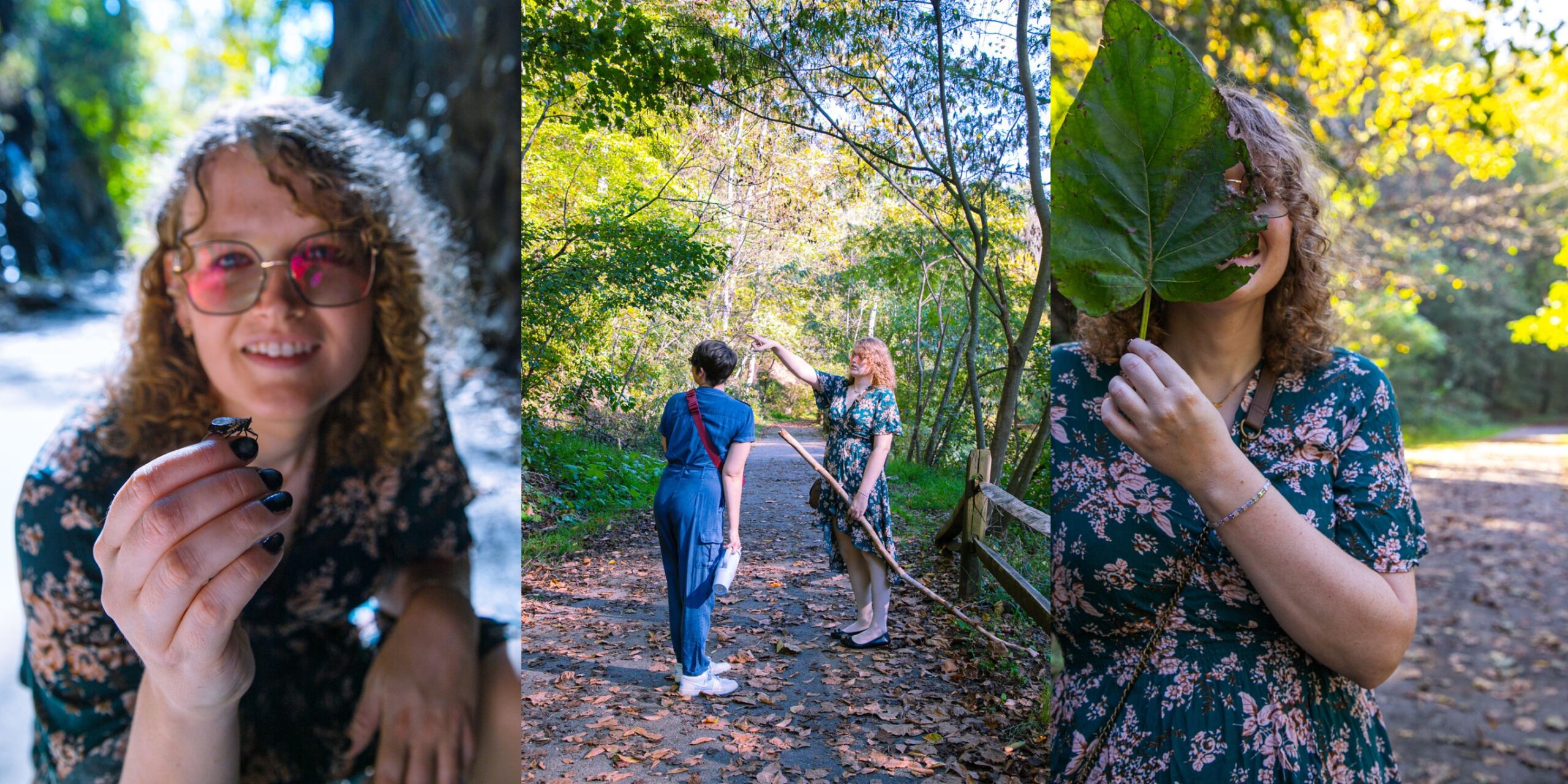 A triptych of Ellenor Zinski in nature, from left to right, Ellenor holding a little bug, Ellenor on the trail holding a stick, and Ellenor putting a big leaf over her face while smiling.