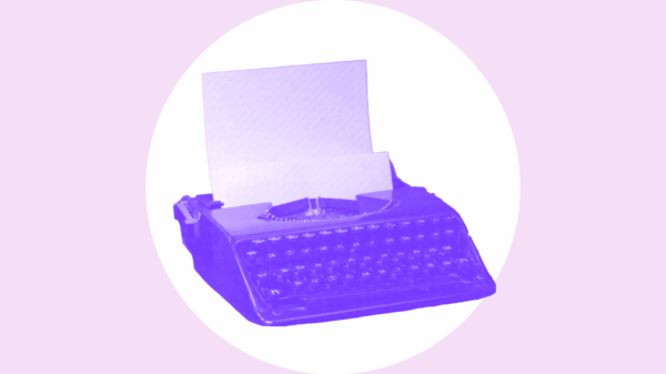 Over a light purple background is a white circle with an neon purple typewriter in the middle.