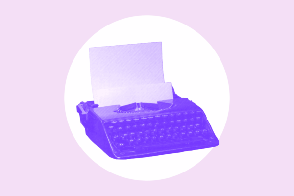 Over a light purple background is a white circle with an neon purple typewriter in the middle.
