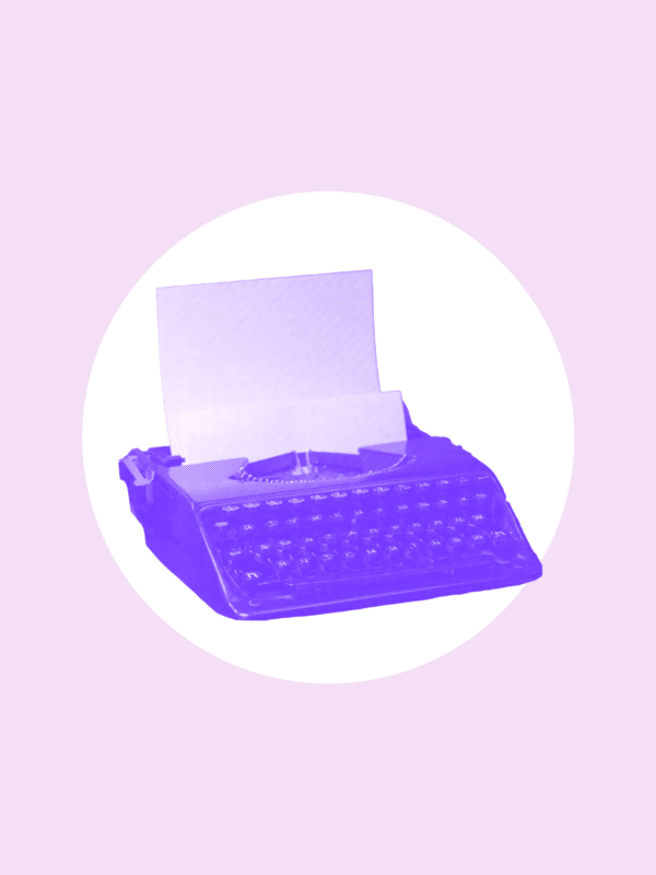 Over a light purple background is a white circle with an neon purple typewriter in the middle.