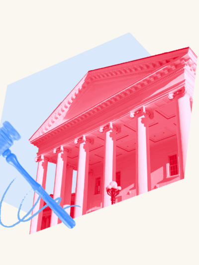 Virginia's capitol with a red filter is displayed over a light blue abstract shape and has a light blue gavel over top.