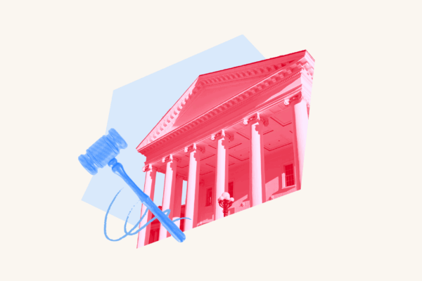 Virginia's capitol with a red filter is displayed over a light blue abstract shape and has a light blue gavel over top.