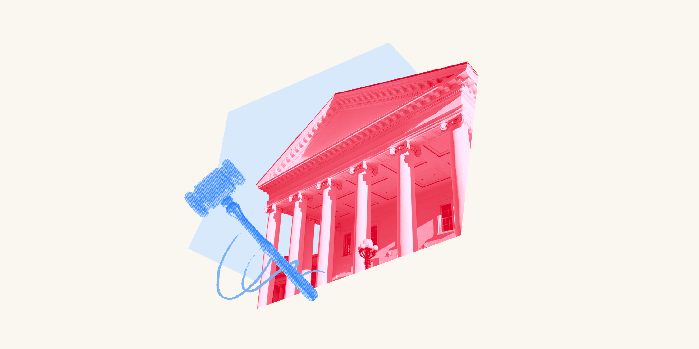 Virginia's capitol with a red filter is displayed over a light blue abstract shape and has a light blue gavel over top.
