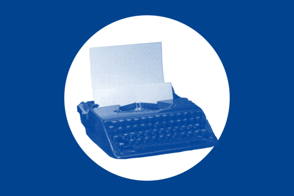 Over a navy background is a white circle with a navy typewriter in the middle.