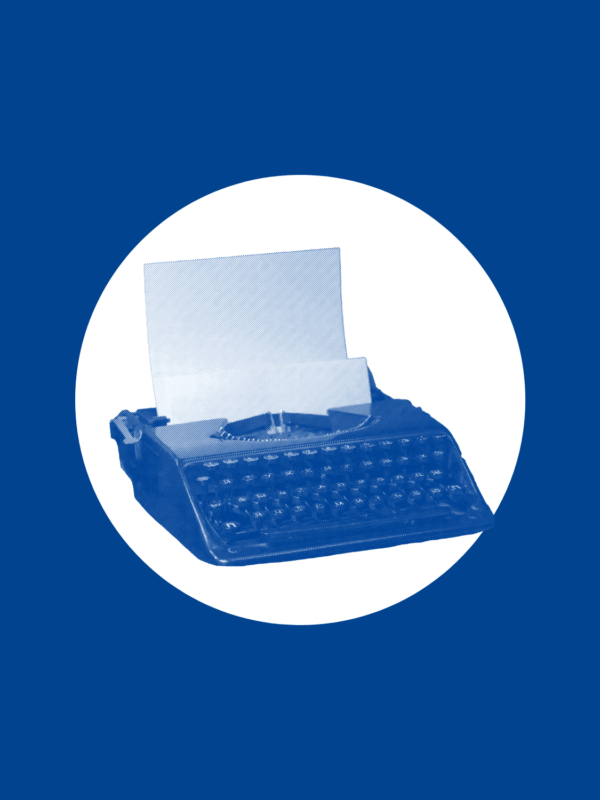 Over a navy background is a white circle with a navy typewriter in the middle.