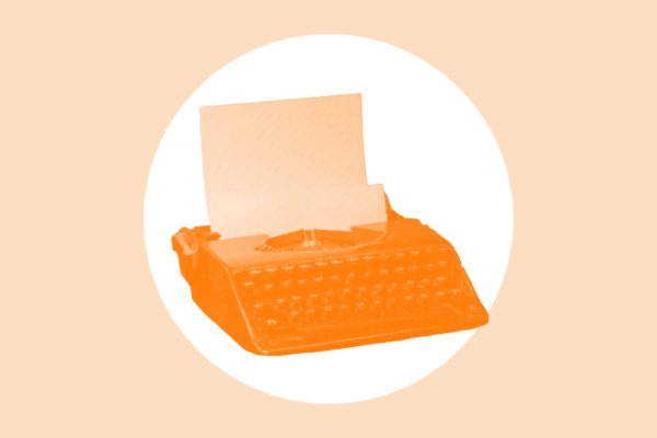 Over a light orange background is a white circle with an orange typewriter in the middle.