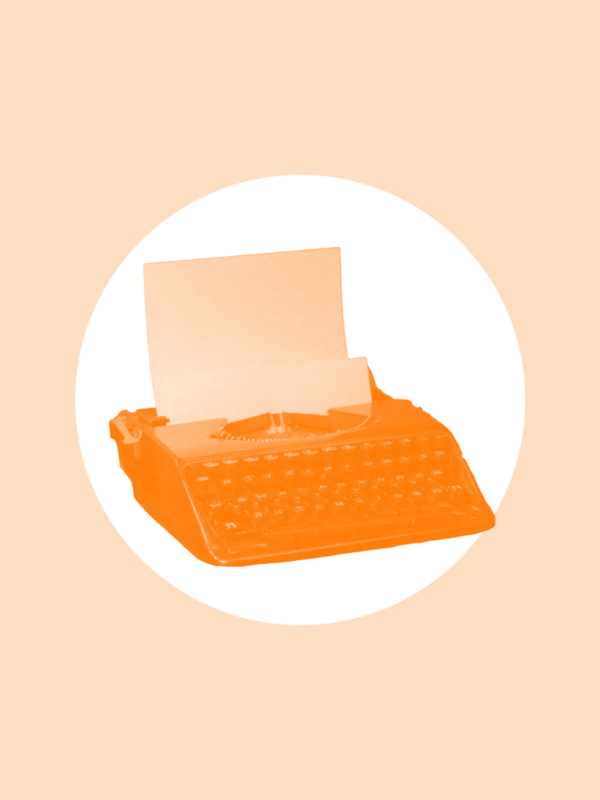 Over a light orange background is a white circle with an orange typewriter in the middle.