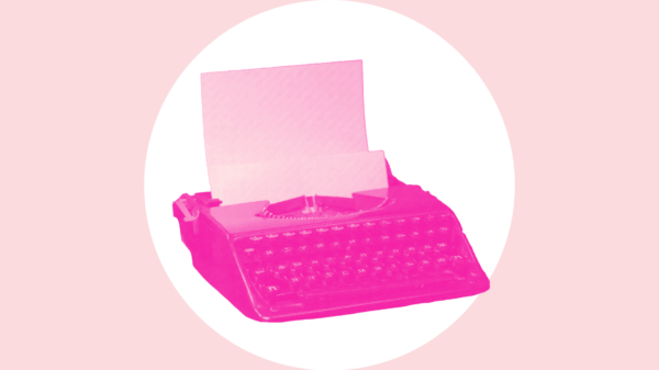 Over a light pink background is a white circle with an neon pink typewriter in the middle.
