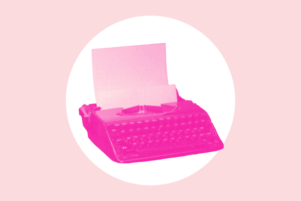 Over a light pink background is a white circle with an neon pink typewriter in the middle.