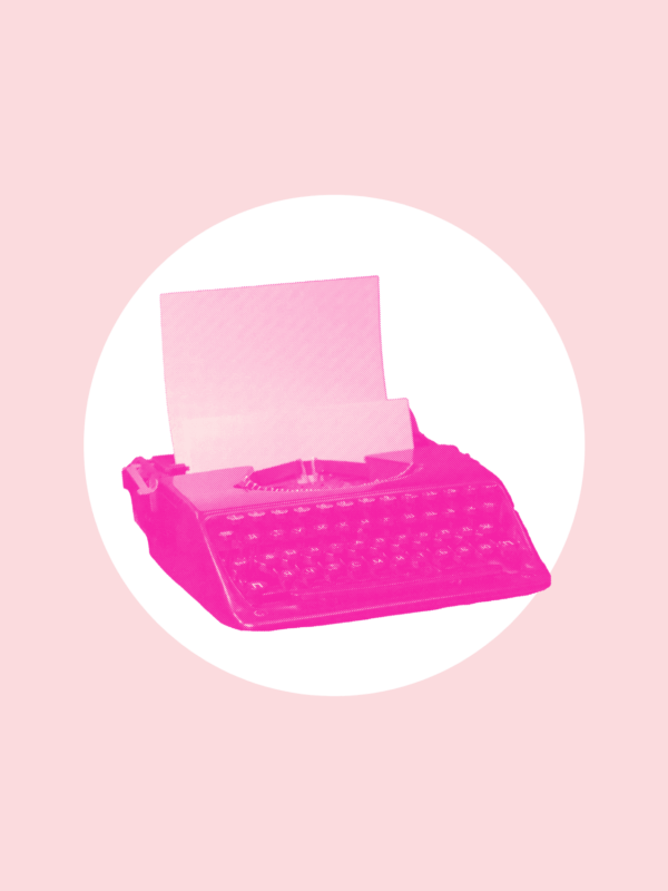 Over a light pink background is a white circle with an neon pink typewriter in the middle.