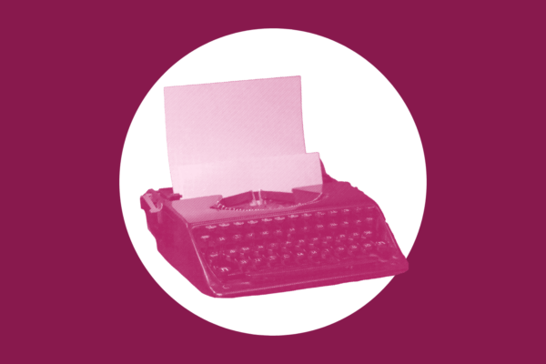 Over a maroon background is a white circle with an maroon typewriter in the middle.