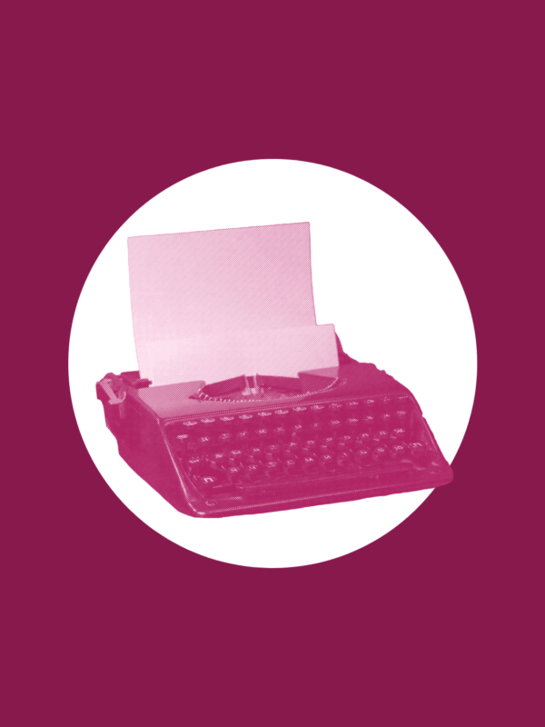 Over a maroon background is a white circle with an maroon typewriter in the middle.