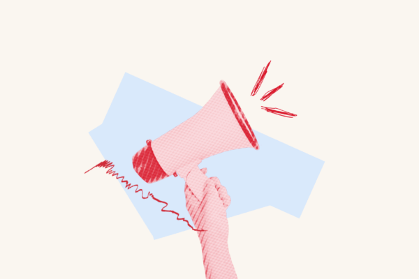 Over a light blue abstract shape is a red megaphone.