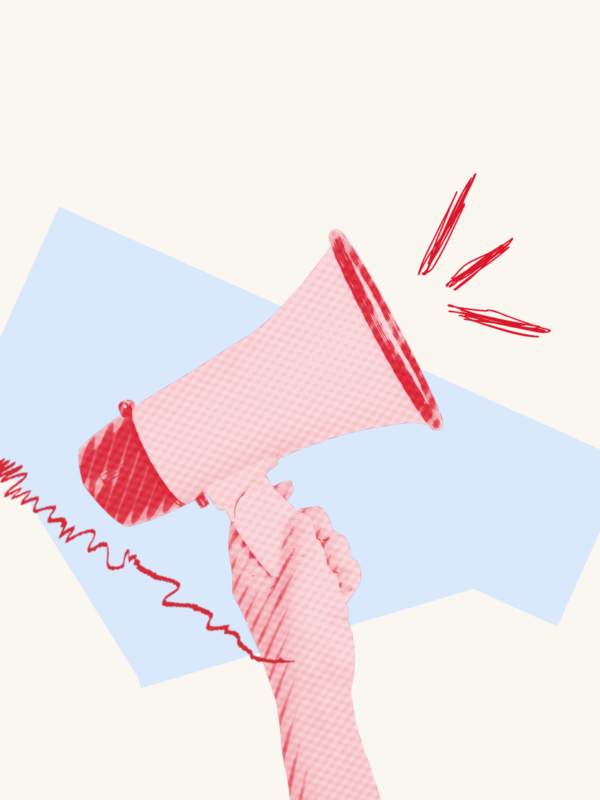 Over a light blue abstract shape is a red megaphone.