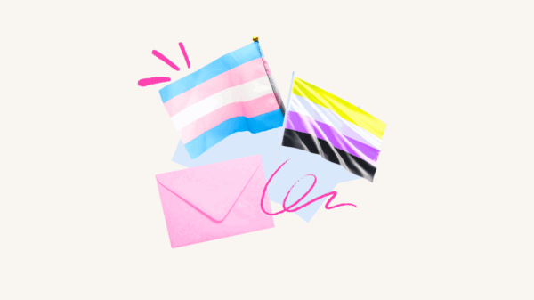 An envelope lays over a cream background with pink doodles with the trans pride flag and nonbinary pride flag.