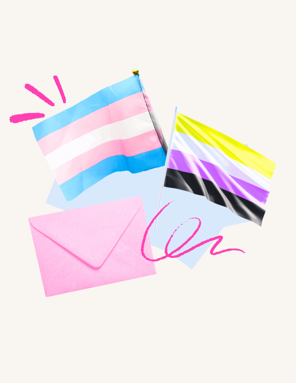 An envelope lays over a cream background with pink doodles with the trans pride flag and nonbinary pride flag.