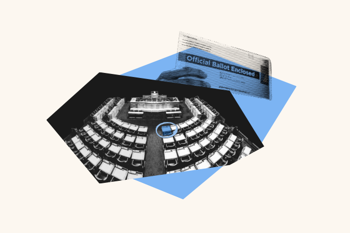 A photo of a general assembly is captured with one seat highlighted. A ballot is being held by a hand on the side.