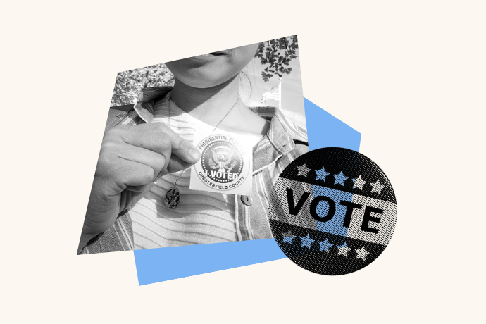 A person holds up an "I Voted" sticker up to a camera. Over the photo, is a "VOTE" pin.