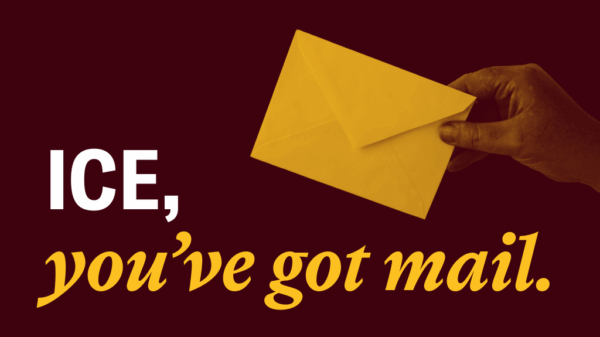 Gold envelope handed from right side over text