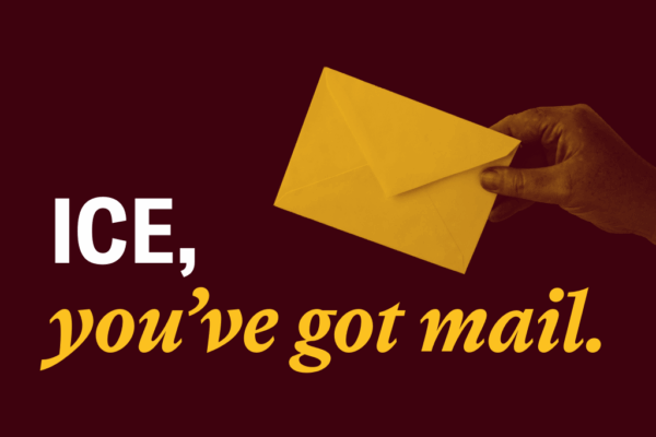 Gold envelope handed from right side over text