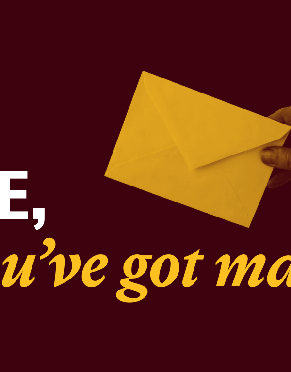 Gold envelope handed from right side over text
