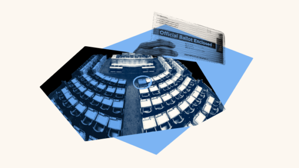 A photo of a general assembly room split in half by color: blue and white. One seat is circled, to indicate the strength of a majority. Above the photo is a ballot being held up by a ballot.