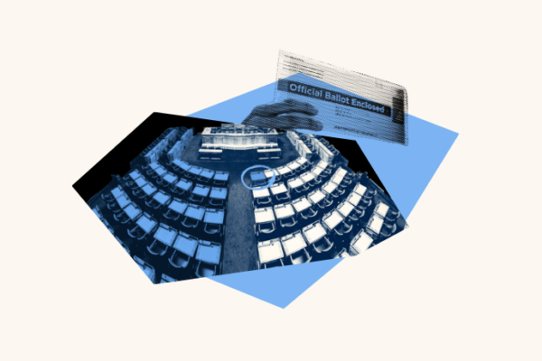 A photo of a general assembly room split in half by color: blue and white. One seat is circled, to indicate the strength of a majority. Above the photo is a ballot being held up by a ballot.