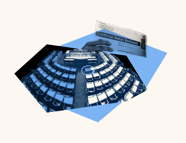 A photo of a general assembly room split in half by color: blue and white. One seat is circled, to indicate the strength of a majority. Above the photo is a ballot being held up by a ballot.